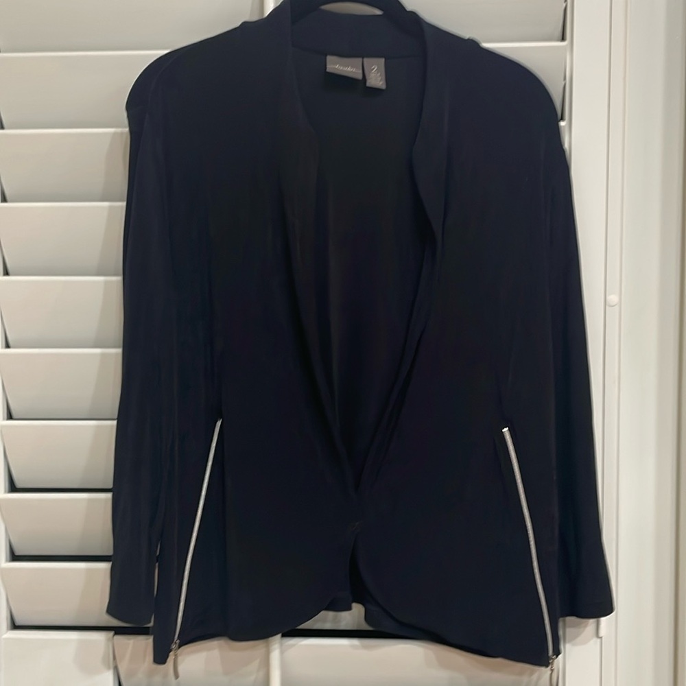 Chico’s Navy Jacket  faux zippered pockets. Chicos size 2, size 12/14.
